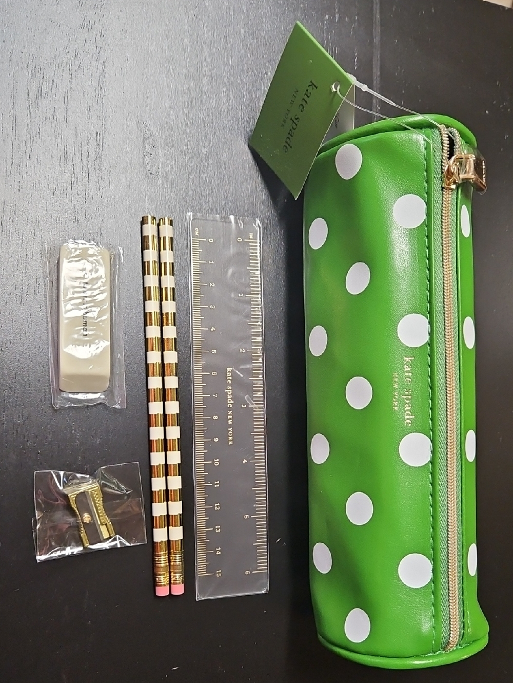 Kate Spade Green and White Polka Dot Pencil Case with Gold Zipper
